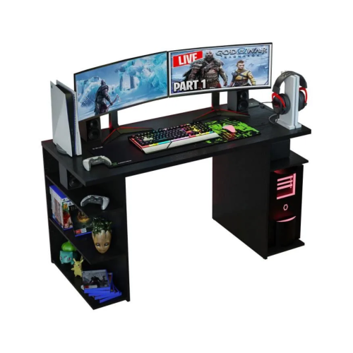 Bureau Gamer – MADESA – 136 x 60 x 75 cm – 5 étagères – Bois Noir